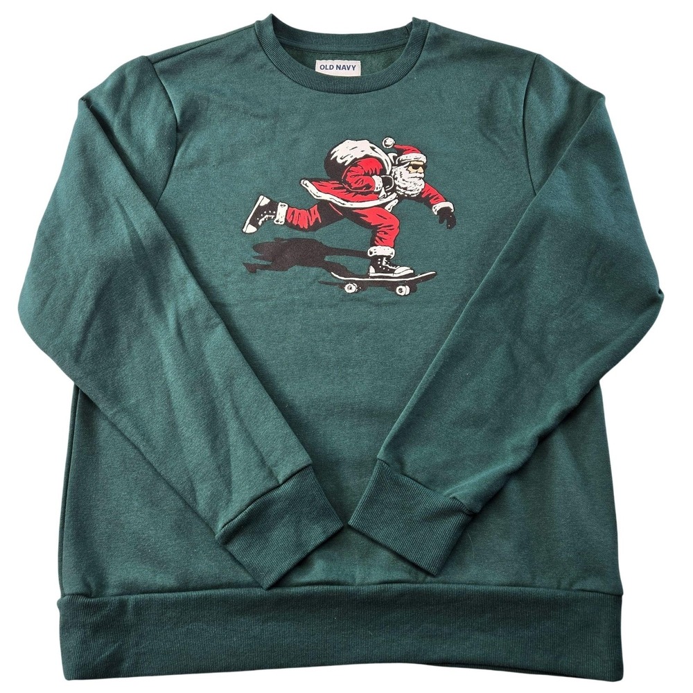 Old Navy Sweatshirt Mens L Green Pullover Fleece Santa Skateboard Graphic